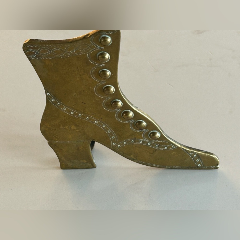 RARE Vintage Georgian Etched Brass Victorian standing boot match box holder.